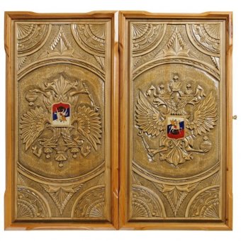 Нарды резные ручной работы Герб России (Россия, дерево, размер 63х32х7 см) slgerb